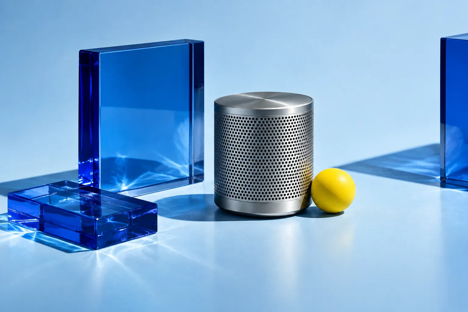 AI 生成廣告情境圖:無品牌金屬音箱、藍色玻璃與黃色球體,非客戶作品